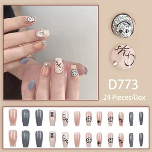 Long coffin press-on nails with sparkling stars and Crystal lettering in 24-piece set