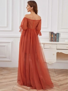 Elegant brick red off-shoulder tulle maternity dress for evening gala and parties
