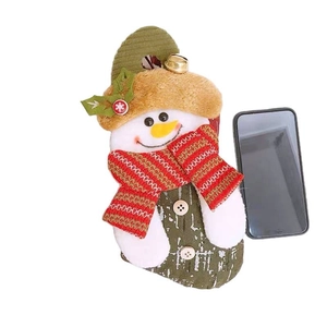 Plush Christmas snowman stocking with red scarf and green bell hat for holiday candy gift