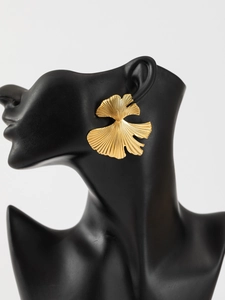 Detailed view of gold-plated ginkgo leaf earrings with delicate radial textures
