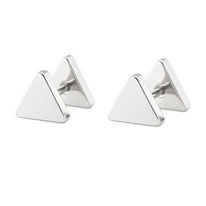 Minimalist silver triangle stud earrings in stainless steel with a sleek geometric design