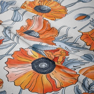 Detailed fabric texture of floral tapestry with orange poppies and blue leaves