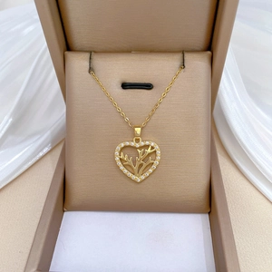 Heart Antler Pendant Necklace Stainless Steel Copper Cubic Zirconia Hollow Branch Design Elegant Jewelry For Women