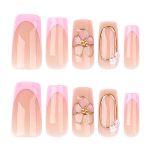 French press-on nails with 3D pink floral relief and gold metal accents, 10pcs set