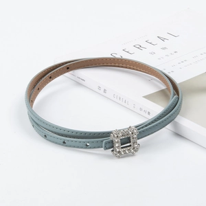 Slim light blue leather belt for women featuring a sparkling rhinestone square buckle