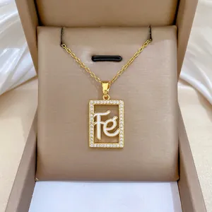 Faith Fe Letter Rectangular Pendant Necklace Stainless Steel Gold Plated Micro Pave Zircon Elegant Jewelry For Women
