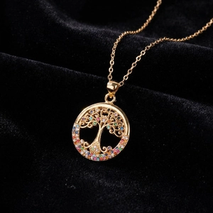 18K gold plated tree of life pendant necklace with colorful zircon crystal inlay