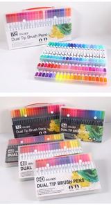 Dual-tip brush markers set showing 72 vibrant colors with fine and brush tips