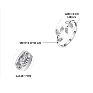 Sterling silver 925 olive leaf open ring featuring zircon pave and 8.08mm width design