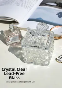 Detail of lead-free embossed glass storage jar featuring a butterfly lid and high clarity