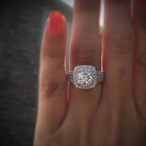 Dubbele Halo Ring Koper Zirconia Ronde Snit Gespleten Schacht Verloving Luxe Bruiloft Dames Sieraden