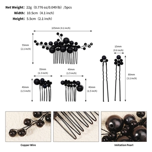 Detail view of 5pcs black bridal hair accessories with copper wire and imitation pearls