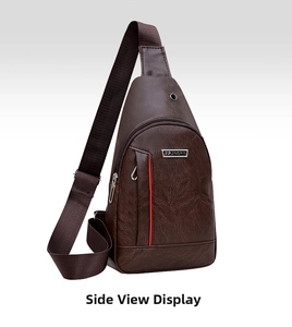 Detail view of retro brown PU leather chest bag with zipper pocket and metal logo