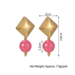 14K gold plated diamond-shaped stud earrings with pink resin beads for women
