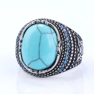 Anello vintage da uomo in acciaio inossidabile con pietra turchese ovale e finitura argento