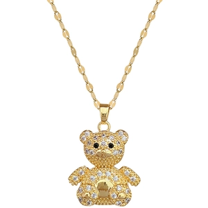 Luxurious gold bear pendant necklace with sparkling crystals on a sleek flat link chain
