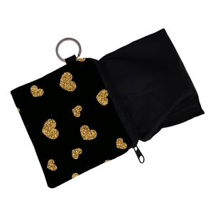 Waterproof mini coin purse with gold heart prints and metal keychain attachment