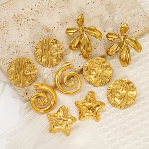 Golden stainless steel earring set featuring star, floral, and spiral textured designs