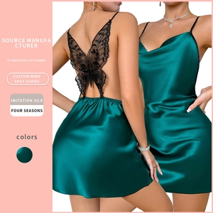 Robe Fond De Robe En Satin Col Bénitier Dos Nu Papillon Dentelle Appliqué Imitation Satin Chemise De Nuit Sexy