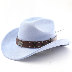 Close-up of light blue felt cowboy hat featuring star badge and rivet leather band