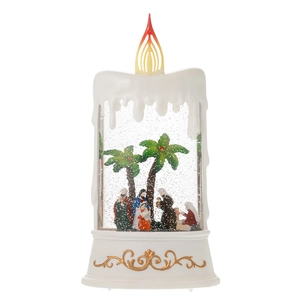 LED lighted candle water globe with Nativity scene and gold scrollwork base