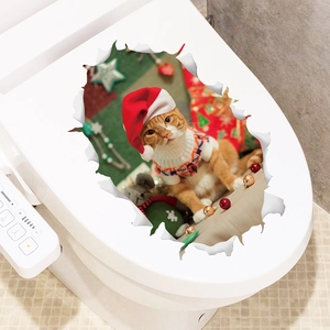 3D Christmas wall sticker featuring a cartoon cat wearing a Santa hat on a toilet seat