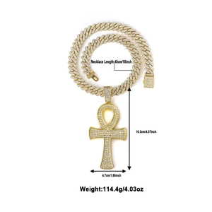 Collier Ankh doré serti de strass avec chaîne cubaine pour un style hip-hop de luxe