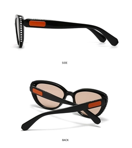 Detail of side and back view showing orange accent and crystals on sunglasses frame