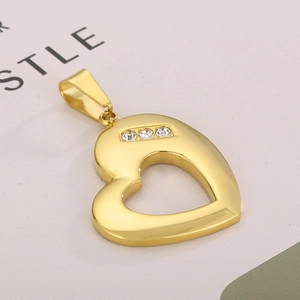Golden heart pendant necklace with hollow design and three small crystals for women