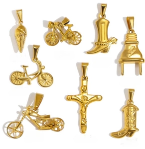 Assorted gold-plated metal charms featuring ice cream, bicycle, boot and cross designs