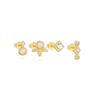 Set of four S925 sterling silver gold earrings with opal and zircon gemstones