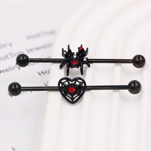 Gothic industrial barbell earrings with spider and heart designs and red zircons