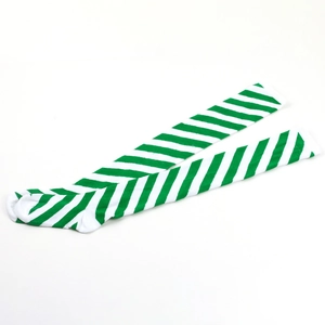 Detail of green and white diagonal striped over-knee socks with ribbed cuffs design