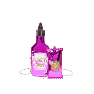 Creative magenta sauce bottle and pouch crossbody bag set with metallic finish