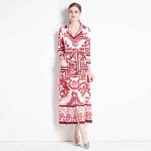 Fashionable red and white porcelain print midi shirt dress with long sleeves and a waist belt