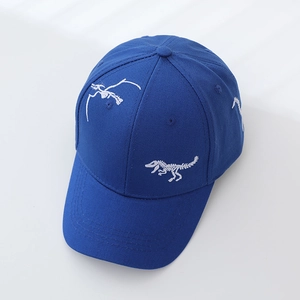 Kids royal blue baseball cap with white dinosaur skeleton embroidery on cotton twill