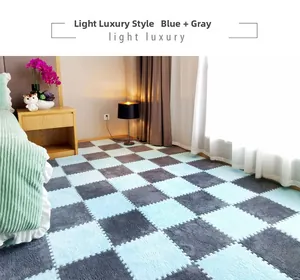 Detail of plush blue and grey puzzle foam mats interlocking in a bedroom setting