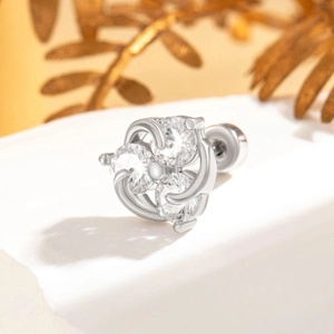 Star and moon zircon stud earring in silver titanium steel with clover floral pattern