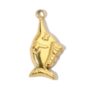 Detailed close-up of a golden fish-shaped stainless steel pendant with a polished finish