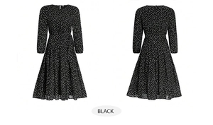 Vue avant et arrière d'une robe mi-longue noire à pois avec manches longues et taille ajustée