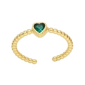 Minimalist open heart ring with green gemstone and gold beaded texture band
