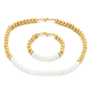 Parure collier et bracelet en acier doré 18K avec perles et billes de 6mm