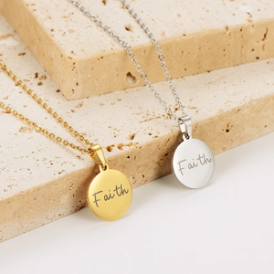 Minimalist stainless steel necklaces in gold and silver with Faith round pendants