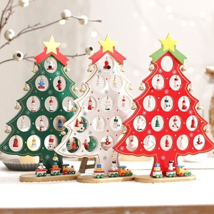 Mini DIY wooden Christmas tree tabletop ornaments with Santa and snowman figures