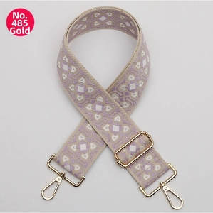 Adjustable geometric ethnic style bag strap in lilac and beige with gold hardware buckle