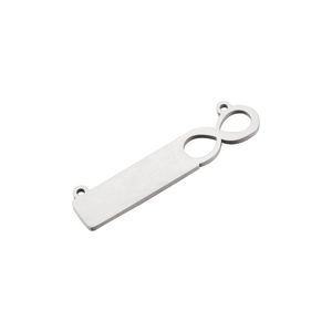 Polished silver stainless steel infinity symbol pendant with rectangular bar and loops