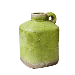 Europäische Vintage Keramikvase in Grün mit Eis-Rissglasur und Ringgriff für Wohndeko