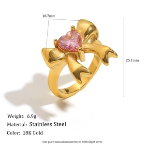 18K gold plated stainless steel bow ring with pink heart gemstone and 18.7mm width