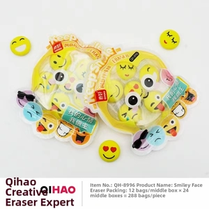 Close-up of cute yellow emoji-themed erasers in transparent packaging for kids