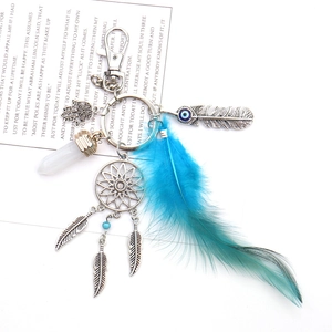 Detail of dreamcatcher keychain with blue feather, Hamsa hand, and crystal point